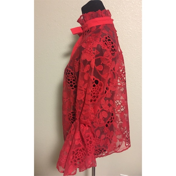 Elegant Red Lace Women’s Blouse with Neck Bow - Picture 3 of 4